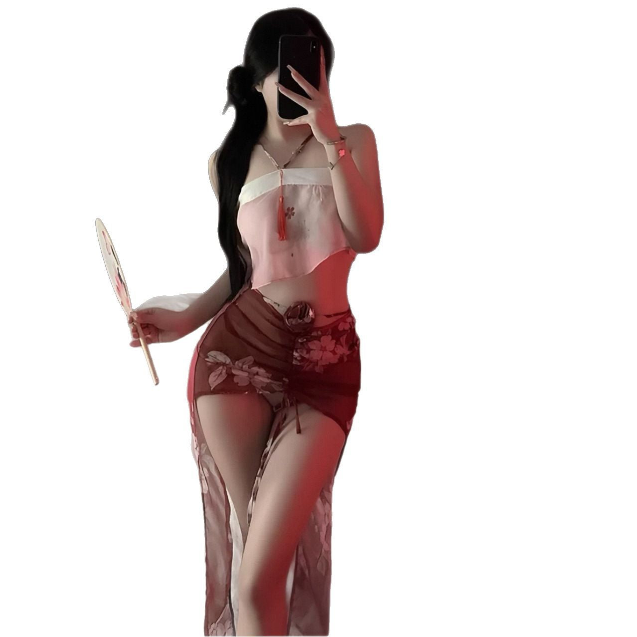 Image of Ruolan sexy underwear sexy national style see-through belly pocket Hanfu strap lace Daji fox uniform set 5117